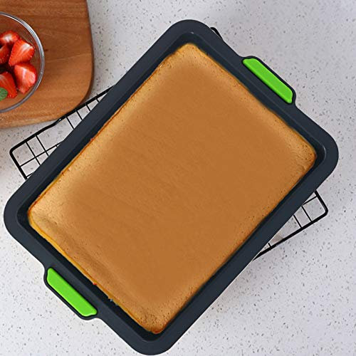 Silicone Square Cake Pan,Square Baking Tray,Non Stick Brownie Tin with Silicone Handle Grips,for Brownie, Cake, Bread, Pie and Lasagna,Double-Color, Reusable Silicone(24 * 34.5 * 3cm) (Dark Gray)