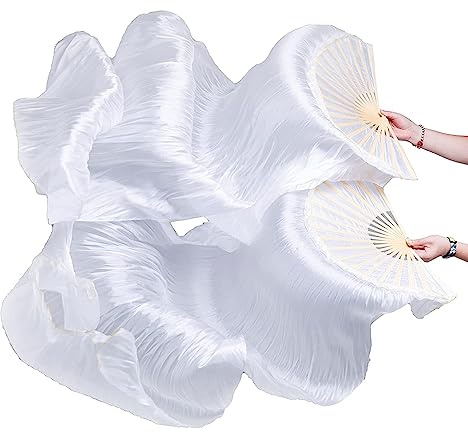 TMZAQH Artificial Silk Belly Dance Bamboo Fans Veils Colors1 Pair 180 * 90cm (Left+Right) (White)