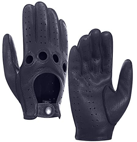 Harssidanzar Herren Lederfahrhandschuhe Hirschleder Ungefüttert, Marine,L