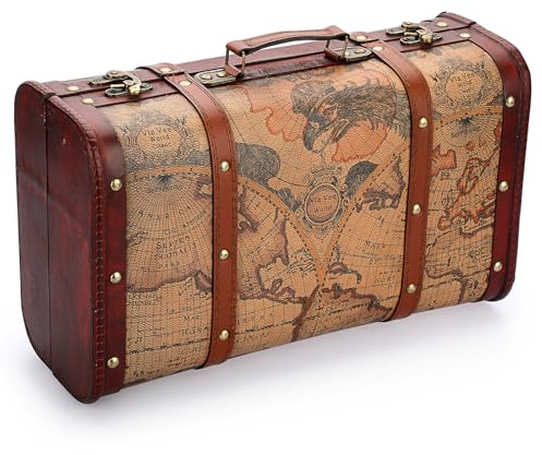 ELLDOO Vintage Wooden Storage Chest, Portable Decorative Luggage Suitcase, Treasure Chest Box with Map Pattern, Pirate Keepsakes Box for Gifts, Chest Storage Box for Decor Storage Travel