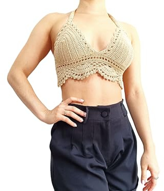 NORDESTINA – Crop Top de Bikini de Ganchillo para Mujer - Top de Bikini Crochet- Top a Crochet, Julia (FR/ES, Letras, S, Regular, Regular, Marrón Claro)
