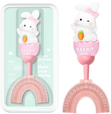 ZMRZ U-Shaped Toothbrush for Kids Ages 2-7，Soft Food-Grade Silicone for Sensitive Gums，360° Teeth Cleaning Design，Training & Travel-Friendly Toddler's Toothbrush (Pink, U Shaped)