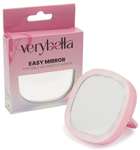 verybella Portable Mini Mirror, Pink, Size 85 x 85 cm, Adjustable LED Lights, Pocket Size for Handbag, Ideal for Makeup and Travel, Comfortable Grip