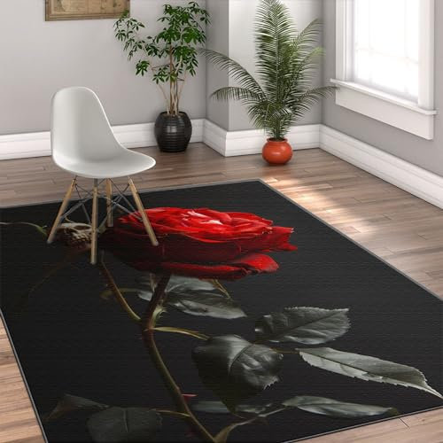 Via Vela Teppich im modernen Stil 160x240cm - Romantische rote Rose und Schädel Maschinenwaschbarer Rutschfester dünner Teppich mit niedrigem Flor für Wohnzimmer Schlafzimmer