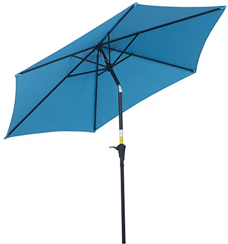 Outsunny Parapluie de jardin Ø2.6x2.4 m inclinable, Parapluie de terrasse avec manivelle et mât, Parapluie d'extérieur 6 lattes en polyester et aluminium, Protection UV, Bleu