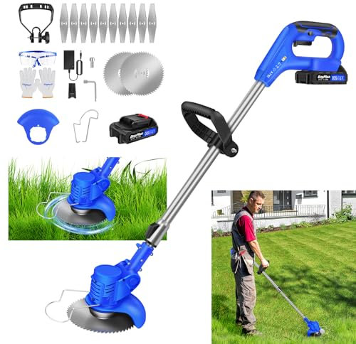 Desbrozadora Electrica con Batería 1.5Ah y 12 Cuchillas, Desbrozadora a Batería, Recortadora de Cortabordes Bateria 21V, Longitud retráctil, Cortabordes electrico para Recortar Césped y Arbustos