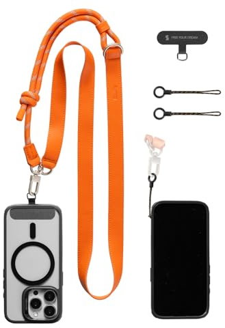 SMALLRIG Phone Shoulder Strap, Justerbar Halsband eller Axelrem för Alla Smartphones, Premium Läder & Nylon, Inbyggd Krok för Nycklar & Tillbehör, för iPhone för Samsung, Orange - 5300