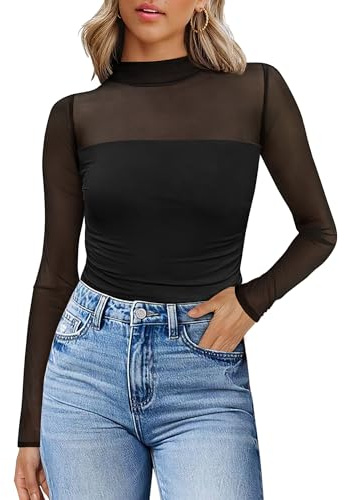 WIHOLL Going Out Tops for Women Ruched Long Sleeve Mesh Mock Turtleneck Fashion Clothing Sexy Black XL