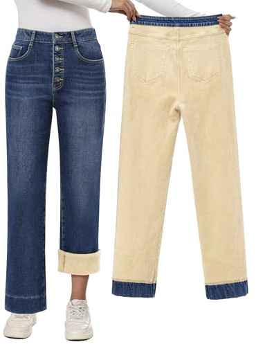 Skirt BL Fleece Lined Jeans Women High Waisted Straight Leg Jeans Winter Warm Thicken Stretch Fleece Lined Pants Dark Blue