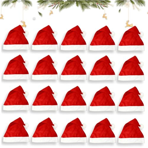 pangutheos 20 Piezas Gorro de Papa Noel, 30x40cm Gorros Navideños, Unisex Rojos Gorro de Navidad, Comodidad Clásica para Fiestas de Navidad, Año Nuevo, Accesorios de Fiesta