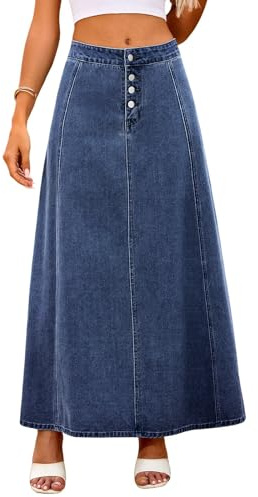 ebossy Women's High Waist Denim Skirt Classic 4-Button Flare A Line Stretch Maxi Long Jean Skirts with Pockets (X-Large, Dark Blue)