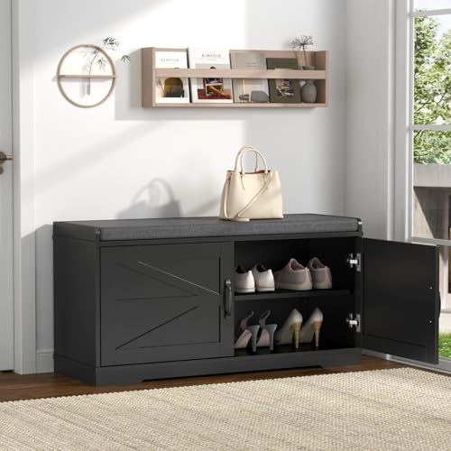Schuhbank Schwarz, Schuhregal mit Sitzfläche, Schuhschrank mit Sitzkissen, Schuhbank mit Türen, Schuhregal mit stauraum für Flur, kleine Räume,Wohnzimmer, Schlafzimmer, 35 x 100 x 50 cm (Black)