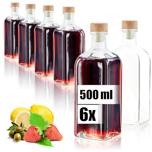 Wilhelm Sell® 6x Bottiglie in Vetro 500 ml con Tappo in Sughero, Contenitori Vuoti per Olio, Aceto o Liquori