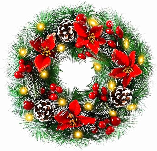 40CM Türkranz Weihnachten,Weihnachtskranz Haustür mit 30 LEDs,Weihnachtskranz,Beeren, weihnachtstürkranz, Weihnachten Dekor