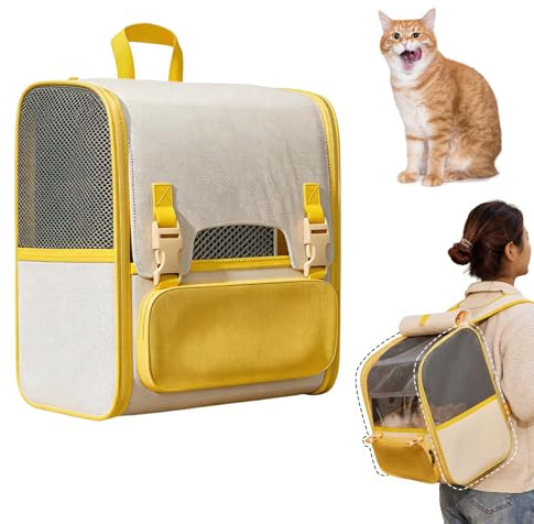 Sac À Dos Chat, Sac À Dos De Transport Pliable, Tissu Oxford 500d, Grand Espace Sac À Dos en Filet Respirant avec Poignée, Portable Caisse De Transport Chat pour Petit Animaux, Jusqu'À 8 Kg, Jaune