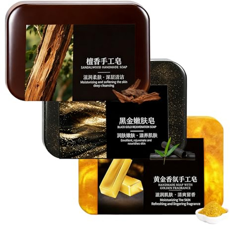 3 Unidades Jabones Artesanales, Jabón Natural, Jabón De Ducha Para Hombres 70 G, Apto Para Rostro, Cuerpo Y Afeitado (Oro + Carbón + Sándalo)