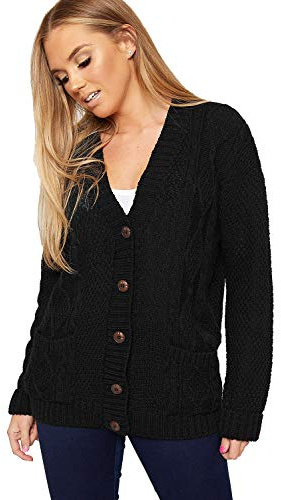 Red Olives New Women's Ladies Long Sleeve Button Top Chunky Aran Cable Knitted Grandad Cardigan UK 8-26 (16-18, Black)