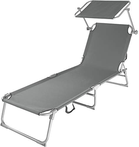 TecTake® Tumbona Plegable con Toldo y Respaldo Regulables, Tumbona Piscina Resistente a la Intemperie, Tumbonas Jardín Exterior con Parasol, Tumbona Playa Carga Máx. 110 kg, Fácil Transporte - Gris