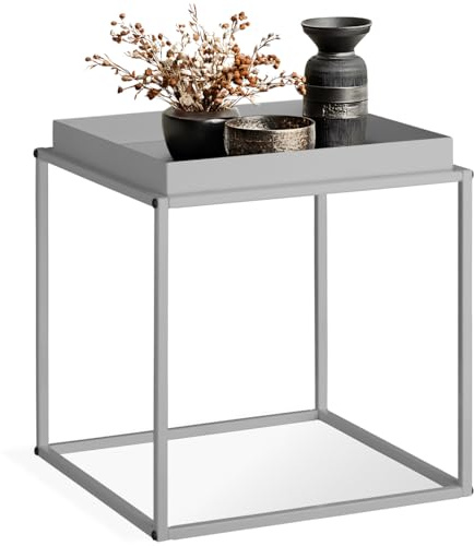 TecTake® Square Side Table in Minimalist Design & Sturdy Steel, Bedside Table with Tray-Shaped Tabletop & Height-Adjustable Feet, Ideal for Bedroom, Living Room, Hallway, 40 x 40 x 44 cm - Grey