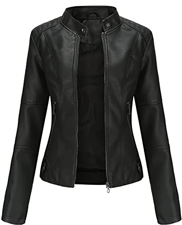 Giacca da motociclista da donna, taglia 20/18/16, giacca da donna in pelle PU slim fit, giacca da motociclista sottile, cappotto corto per autunno e primavera, Nero, M