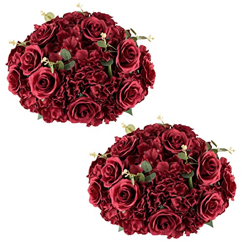Nuptio Flower Wedding Centrepieces for Tables: 2 Pcs Burgundy Artificial Flowers Roses Balls 36cm Diameter for Centerpiece Fake Silk Rose Arrangements for Weddings Reception Birthday Party Decoration