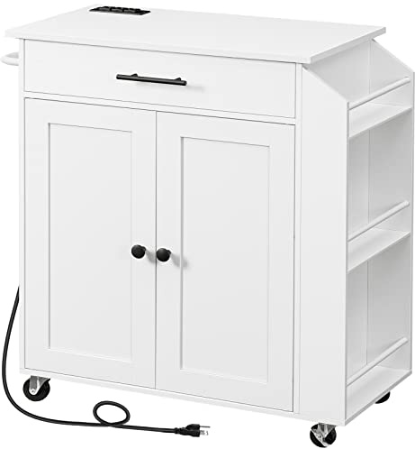 HOOBRO Kitchen Island with Power Outlet, Kitchen Storage Island with Spice Rack and Drawer, Rolling Kitchen Cart on Wheels, for Home, Kitchen and Dining Room, White WT82UZD01G1
