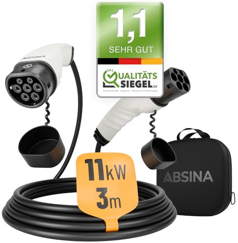 ABSINA Cable Recharge Voiture Electrique Type 2 11kW & 16A - Cable Type 2, 3 mètres, Triphasé & Mode 3 - Cable Recharge Type 2 pour Hybride & Électrique - Cable de Recharge Type 2, Cables Recharge