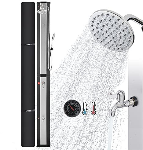 Arebos Solar Shower 60 L | with Hand Shower & Thermometer | Water Temperature up to 60°C Pool Shower Camping | Round Shower Head | Snap-In Technology | Incl. Cover | Black-Silver
