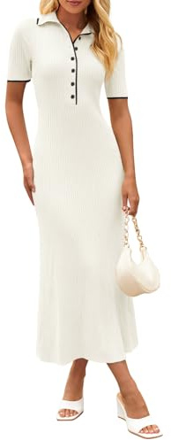 Merokeety Women's V Neck Ribbed Knit Maxi Dress Button Short Sleeve Slim Fit Bodycon Sweater Dress, Beige, XL