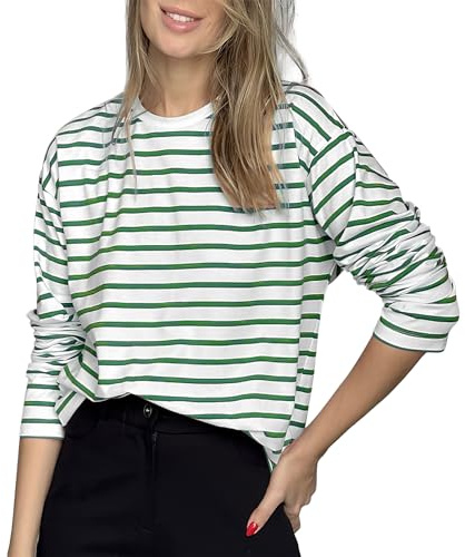 MGizo DtiSpectrum Camiseta Clásica De Manga Larga A Rayas Elásticas De Algodón De Ajuste Holgado para Mujer Tops con Cuello Redondo Usable Durante Todo El Año