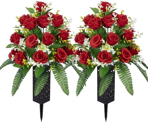 MOOMASS Flores artificiales de cementerio, decoraciones de tumbas, flores de cementerio para jarrón de tumba, rosas artificiales, flores de seda para un recuerdo duradero (rojo, 2 ramos)