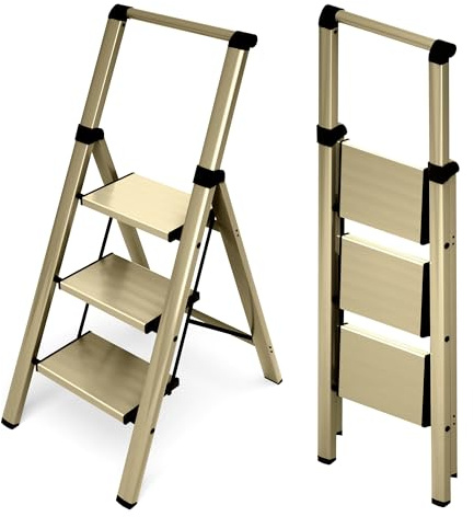 HillhutApex 3 Step Foldable Aluminum Step Ladder with Handgrip, Anti-Slip Pedal, 330 lbs Capacity, Lightweight & Portable for Home, Kitchen, Office, Garage (Gold)