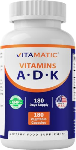 Vitamatic ADK Vitamin Supplement, 180 Veg Capsules, High Potency Vitamins A, D3, K2 for Bone Health, Calcium Absorption, Non-GMO, Gluten Free