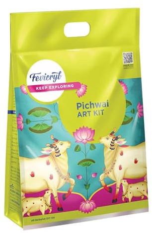 Fevicryl Pichwai konstkit| Lär dig konst från Rajasthan med målningskit med förtryckta MDF-skivor, strass, akrylfärger, penslar | Present till konstälskare och nybörjare, perfekt för festlig present