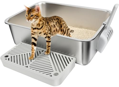 Vivifying Stainless Steel Litter Box, Odour-Resistant Cat Tray, Spill and Leak-Proof With Pedals and Scoop, 46 X 31 X 15 Cm (Grey)