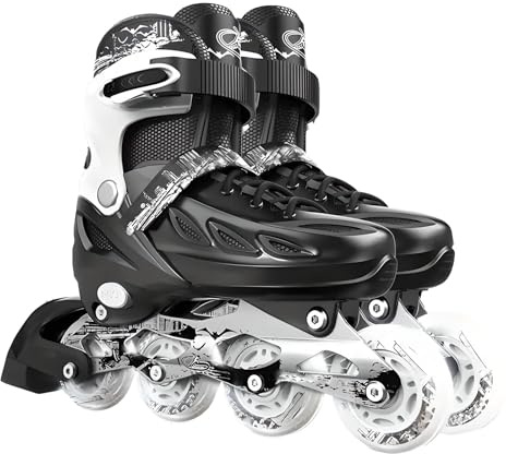 AYES Inline Skates Adjustable for Kids and Adults, Illuminating Roller Skates with Light Up Wheels for Men and Women Outdoor, Black, 33-37/UK 3-4.5