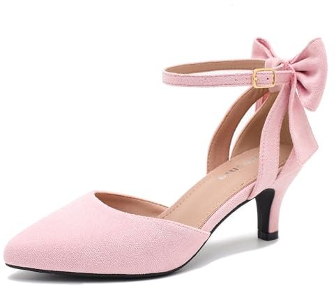 fereshte Women's Wedding Evening Party Bow Kitten Heels Pumps Ankle Strap Buckle Dress Shoes, Pink, 7.5 UK