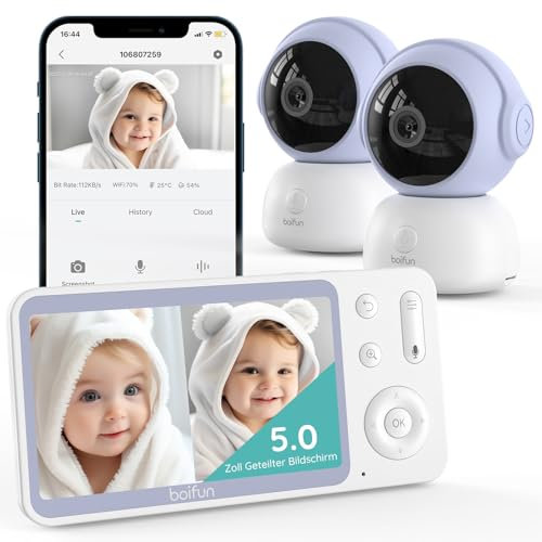 BOIFUN 2K Babyphone mit 2 Kameras App, Split-Screen-Ansicht, Weinen/Bewegungs/Geräuscherkennung, Intelligente Nachtsicht, Automatische Verfolgung, PTZ 345°/65°, 5 Video Babyfon WLAN, Zwei-Wege-Audio