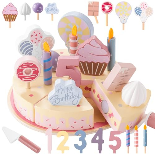 ZRUNBO Birthday Party Cake Toys, Wooden Play Food Set for Kids Toddlers, Play Kitchen Toys for Boys Girls, Educational Toys