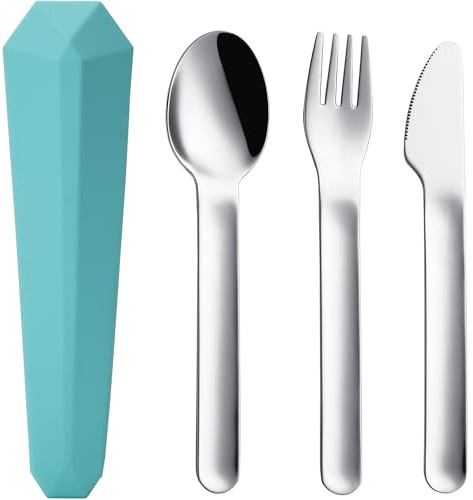 DEVICO Cubertería de viaje con estuche, juego de cubiertos para camping para 1 persona, acero inoxidable, cubiertos para ir al aire libre, con cuchillo, tenedor, cuchara y funda, cubiertos ideales