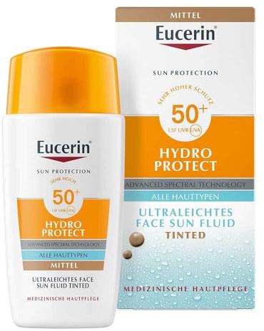 Eucerin Hydro Protect Fluido Ultra Leggero SPF 50+ Tinted Medium 50 ml, Crema solare viso 50+ con filtri UVA/UVB, Protezione solare 50+ pigmentata, Crema colorata viso in fluido extra leggero