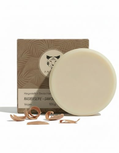 ANYMALE® Premium Rasierseife Sandelholz 100g - Handgefertigt in Deutschlands ältester Seifenmanufaktur - Perfekt für die Rasur mit Rasierhobel & Rasiermesser - Vegane Rasierseife Damen & Herren
