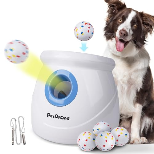 Pet Prime 3.0 Upgraded Version Automatic Ball Launcher for Large Dog Rechargeable Cordless Interactive Thrower Toy with Random Distance, Fetch Machine with 6 Durable 2.5 E-TPU Balls & Dog Whistle