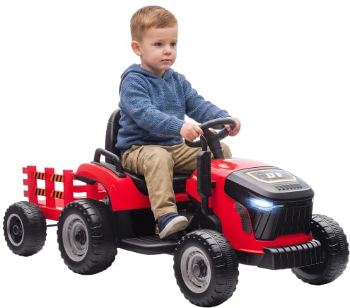 AIYAPLAY Tracteur Électrique Enfants avec Remorque Amovible 6 Pneus Rouge | Voiture Électrique Enfants, Télécommande 2,4G, Lumière LED, Musique, Klaxon, 3 Vitesses, Démarrage Lent, 3 à 8 Ans