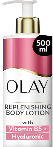 Olay Hyaluronic Acid Replenishing Body Lotion, 24HR Moisturising Cream Full Body Skin Care, Replenishes Skin Moisture, Vitamin B5 B3, Glycerin, Smooth and Moisturised Skin, No Greasy Residue, 500ml