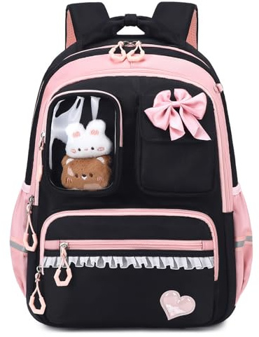 Amythe Mochila Escolar Niña, Mochilas Escolares Primaria Transpirable | 7 a 12 años, Cómoda Mochila Colegio Moderna con Franjas Reflectantes, 22L, Negra Rosa