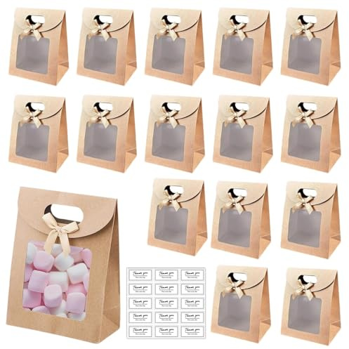Touosy 15 Pezzi Sacchetti Carta Regalo Con Finestra Trasparente, Sacchetti Natale 15 Adesivi Inclusi, Buste Regalo 16x12x6cm per Caramelle Matrimonio Festa di Natale Al Dettaglio (Legno Naturale)