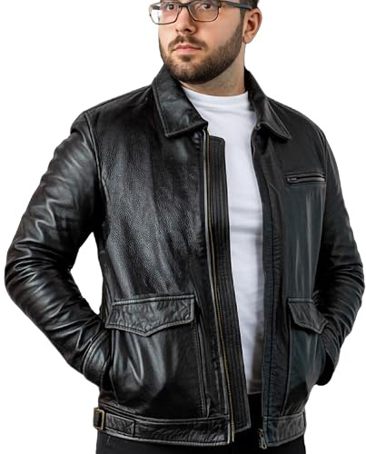 Aviator Styled Mens Leather Jacket | With Dual Access Front Pockets | Vintage Black Leather Jacket | Motorbike Real Leather Jacket Mens | X-Large