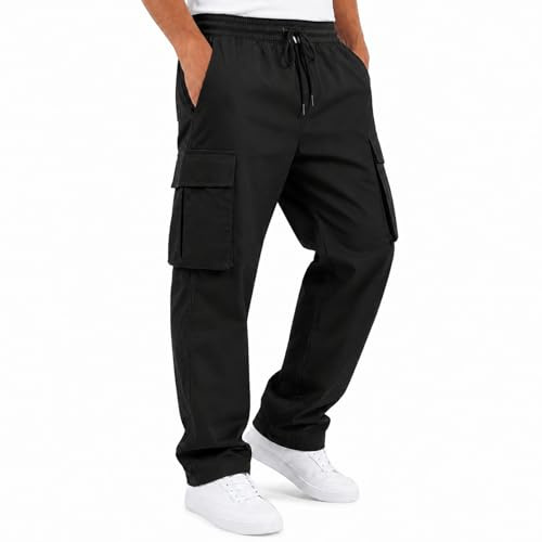 BBXWANG Mens Cargo Trousers Elasticated Waist Casual Work Trousers with Multi Pockets Straight Fit (UK, Alpha, L, Regular, Regular, Black)