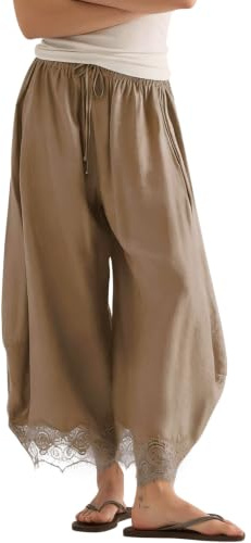 STURWBEZ Women's Cropped Lace-Hem Pants Summer Wide Leg Drawstring Waisted Lounge Palazzo Trousers with Pockets